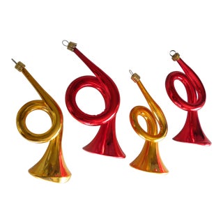 1950's German Gold & Red Bugle Horn Christmas Ornaments - Set of 4 For Sale
