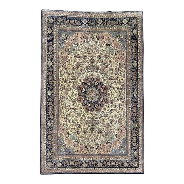 Vintage Hereke Rug 10x14 | Ivory, Blue & Dusty Pink Floral Medallion For Sale