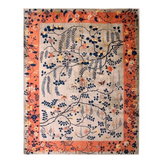 1920s Ivory Floral Traditional Antique Chinese Art Deco Rug 9'0" X 11'8" Knotted Wool Carpet For Sale