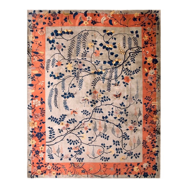 1920s Ivory Floral Traditional Antique Chinese Art Deco Rug 9'0" X 11'8" Knotted Wool Carpet For Sale