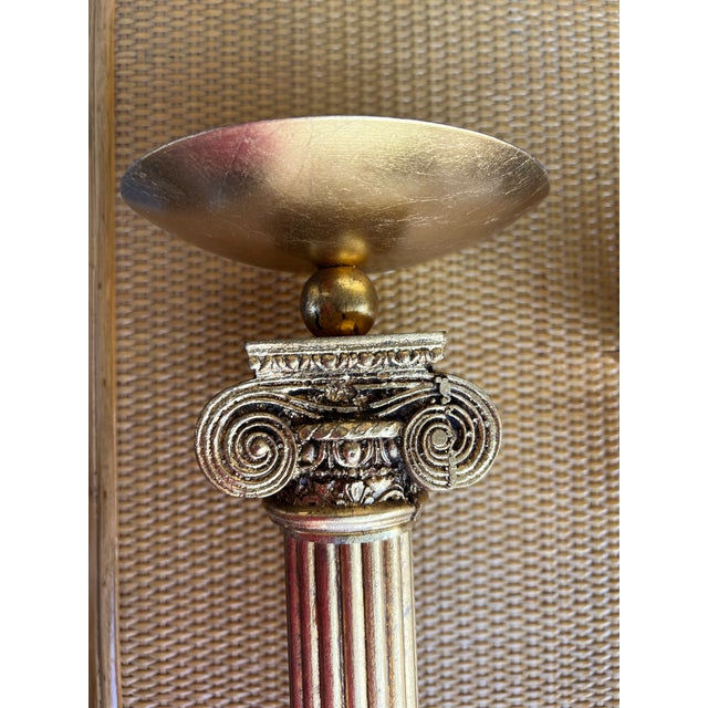 Gold Late 20th Century Gold Pillar Candle Holders- a Pair For Sale - Image 8 of 10