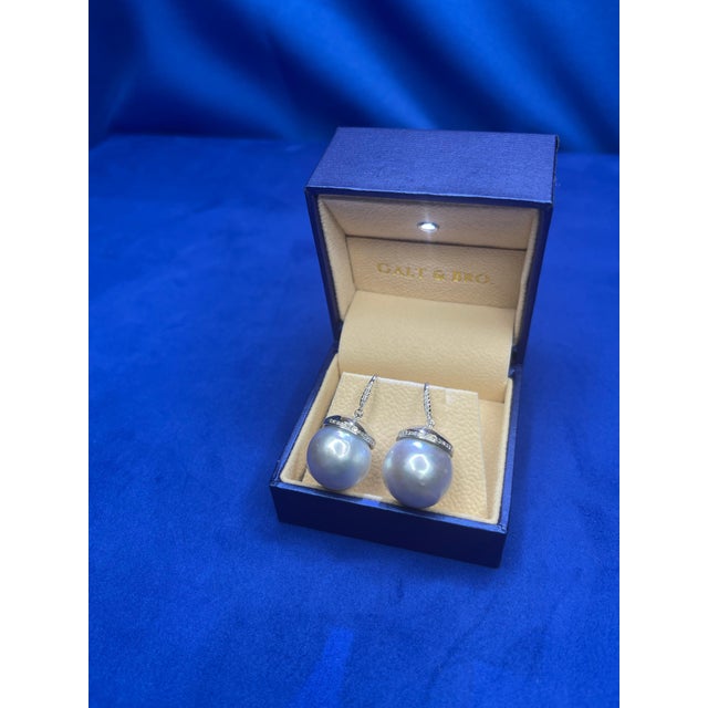 South Sea White Pearl Diamond Halo Pave 14 Karat White Gold Hook Drop Earrings, A Pair For Sale - Image 9 of 11