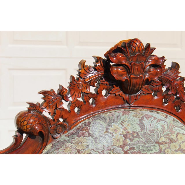 Late 19th Century Antique Victorian Rococo Revival Hand-Carved Rosewood Sofa – Early 20th Century Ornate Floral Upholstered Couch For Sale - Image 5 of 16