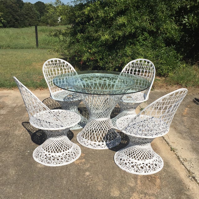 Mid Century Russell Woodard Spun Fiberglass White Outdoor Dining Table and Chairs Chairish