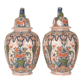 Delft Vases Tall Covered Jars Dutch Delftware Tinglazed Pottery Polychrome Chinoiserie a Pair For Sale