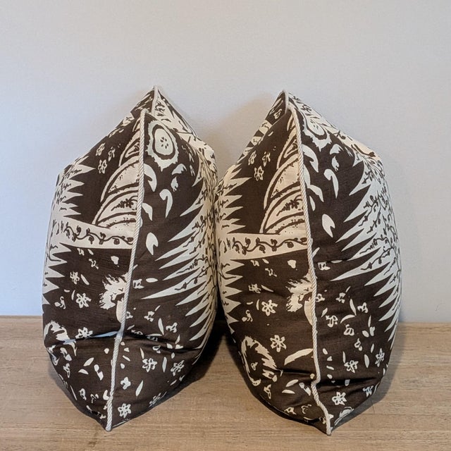 Transitional Quadrille Les Indiennes Brown on Tint Pillows With Cream Cord- Pair Double Sided For Sale - Image 3 of 6