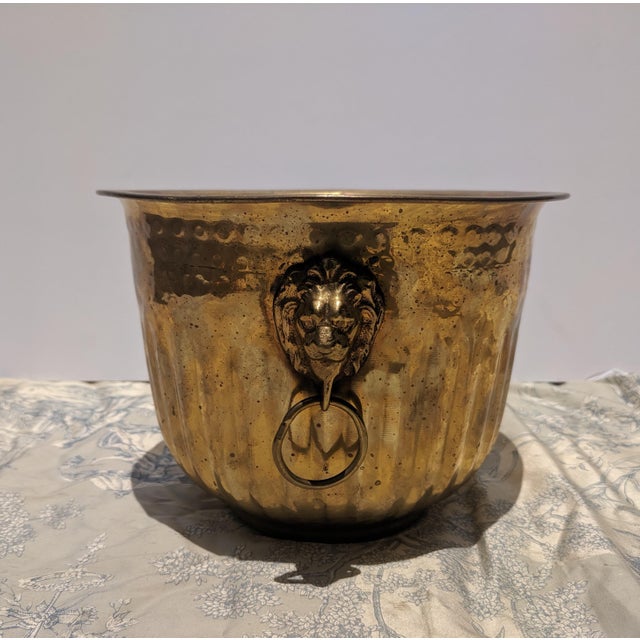 Hollywood Regency Vintage Hammered Brass Cachepot Jardiniere With Lion Head Ring Pulls For Sale - Image 3 of 11