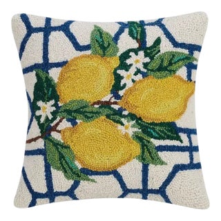 Lemon Vines on Blue Hexagon Trellis Wool Hooked Pillow For Sale