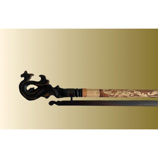 Vintage Balinese Carved Fruitwood and Bamboo Fabric / Tapestry Wall Hanger, Indonesia For Sale - Image 9 of 9