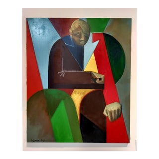 Large Mid Century Modern Colorful Seated Figure Painting by French Artist Jacques Lamy For Sale