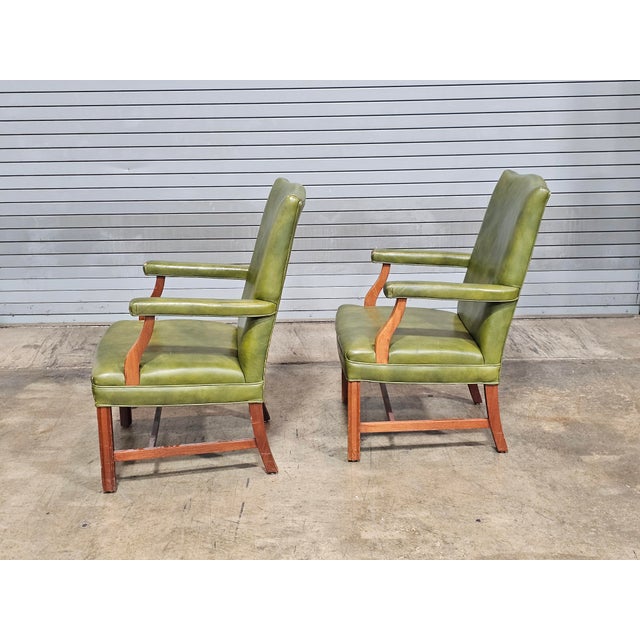 Green Late 20th Century Pair of Alma Mahogany Armchairs Green Leather Fabric Made in North Carolina For Sale - Image 8 of 11