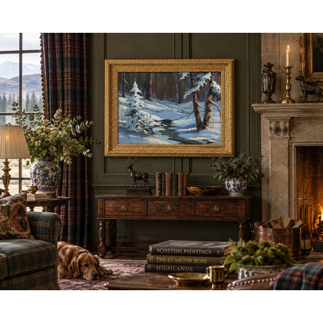 A magnificent, museum-quality turn-of-the-century Scottish Impressionist winter landscape oil painting on canvas. This...