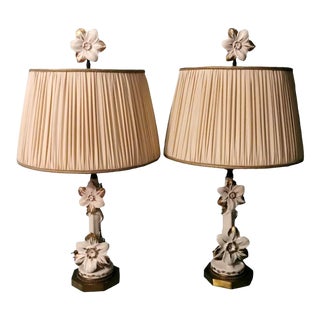 Pair of 1950s Art Nouveau French Porcelain Lamps Color Ivory and Pure Gold For Sale