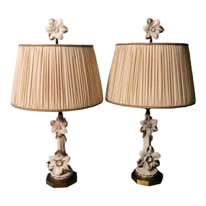 Pair of 1950s Art Nouveau French Porcelain Lamps Color Ivory and Pure Gold