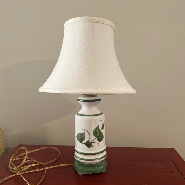 White Milk Glass Table Lamp With Green Hand Painted Leaves Late 20th Century For Sale - Image 11 of 11