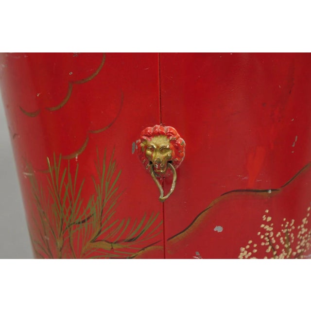 Mid 20th Century Italian Chinoiserie Hand Painted Oriental Red Tole Metal Wastebasket Trashcan For Sale - Image 11 of 18