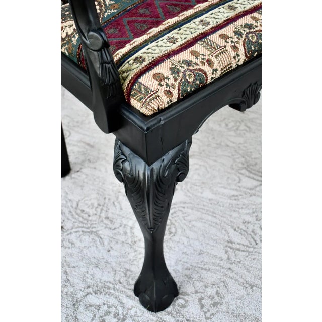 Vintage Chippendale Style Bench Settee Carved Fretwork Black Two Seater Chair For Sale - Image 9 of 13