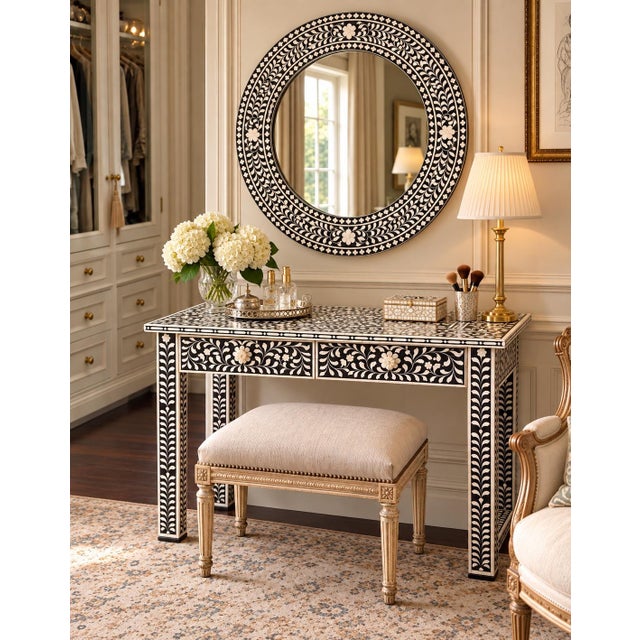 A beautifully detailed handcrafted bone-inlay dressing table and matching round mirror by Aditya Handicrafts of India,...