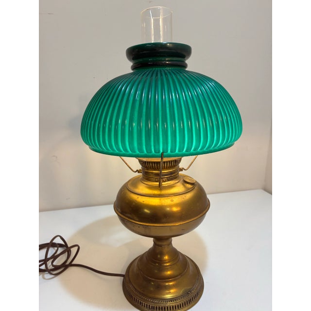 Antique Brass Oil Lamp Rayo Electrified Emerald Green Glass Shade For Sale - Image 4 of 11