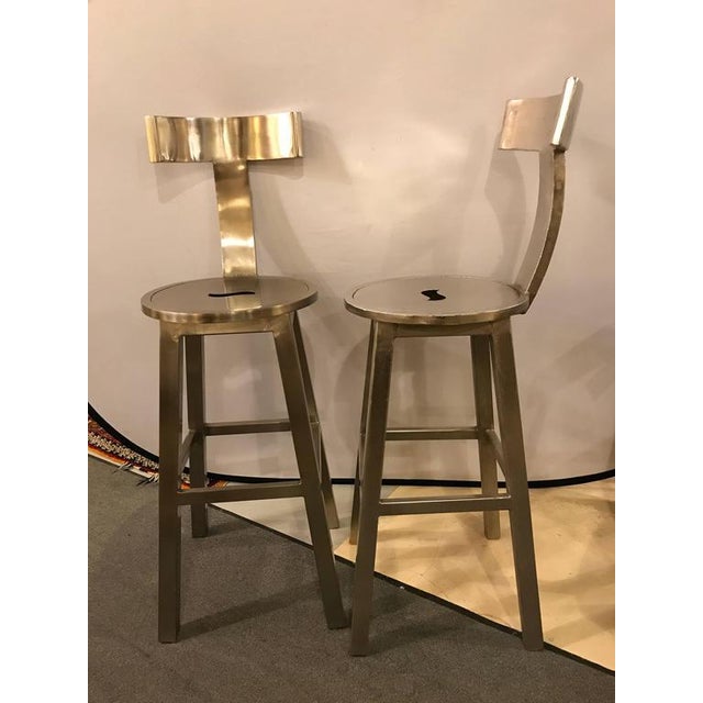 A Pair of Deco Style Steel Bar Stool For Sale - Image 9 of 10