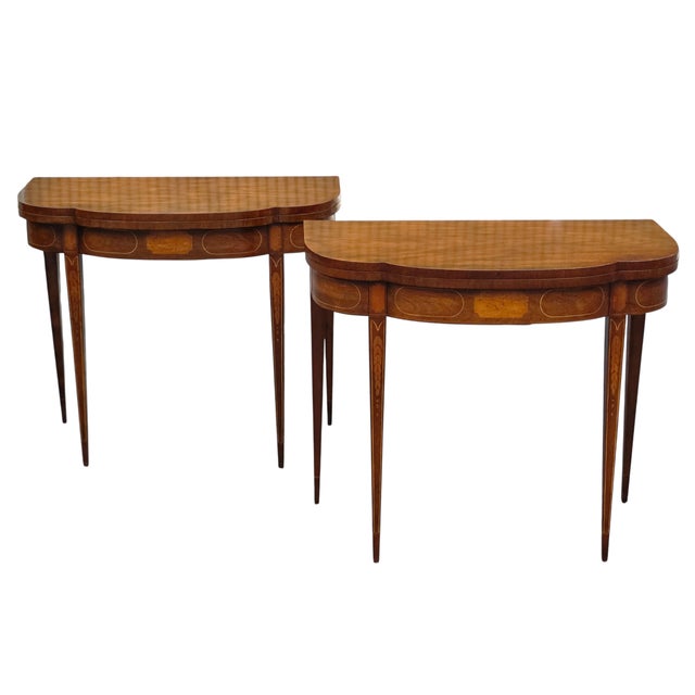 Pair of Vintage Baker Furniture Federal Style Inlaid Mahogany Card Tables For Sale - Image 17 of 17