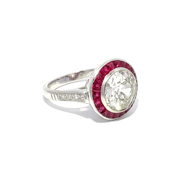 Art Deco Vintage Platinum 3.17cts Old European Cut Diamond and 1.19cts Ruby Halo Ring, Size 6.5 For Sale - Image 3 of 12