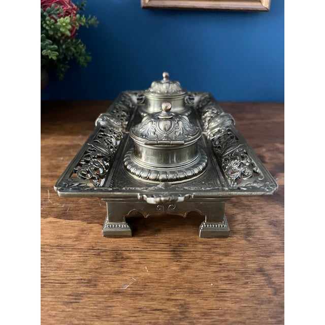 Antique Brass Double Inkwell Stand For Sale - Image 17 of 18