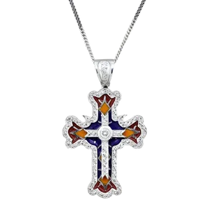 Diamond Plique-a-Jour Enamel Gold Cross Pendant
