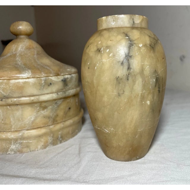 2 Antique Handmade Carved White Alabaster Stone Table Articles Vase Lidded Jar For Sale In New York - Image 6 of 9
