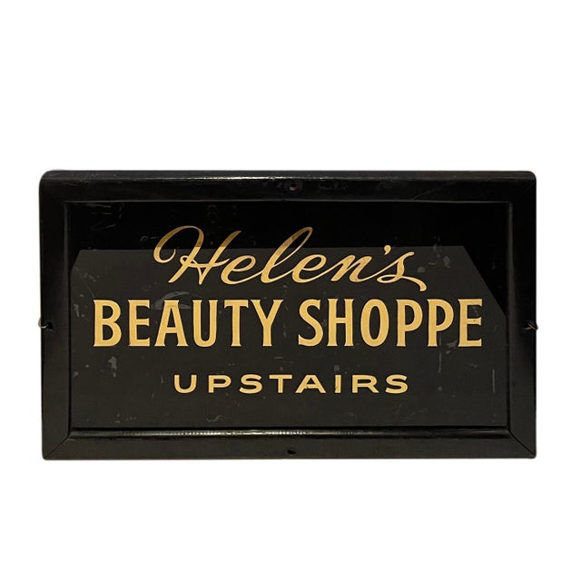 Hollywood Regency Vintage Black & Gold Trade Sign From Helen's Beauty Shoppe For Sale - Image 3 of 6