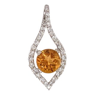 Citrine Pendant with Earth Mined Diamonds in Solid 14K White Gold Round 5mm For Sale