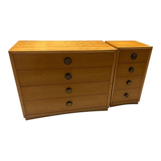 1950s Pair of Blonde Mahogany Four Drawer Chests With Brass Hardware For Sale