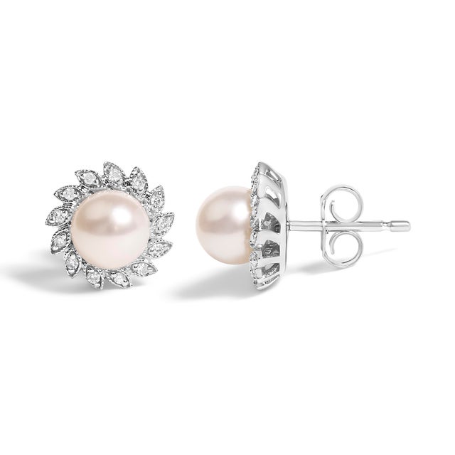 Contemporary 10K White Gold Heirloom-Style Pearl and Diamond Accent Halo Stud Earrings (I-J color, I1-I2 Clarity) For Sale - Image 3 of 5