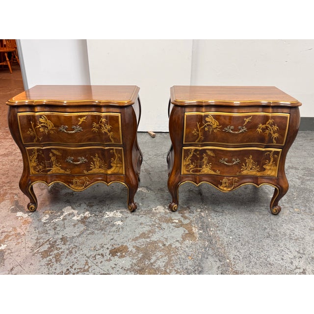 Design Plus Gallery presents a Pair of 1980's Chinoiserie Bombe Chests by Phyllis Andrade from White Furniture Company....