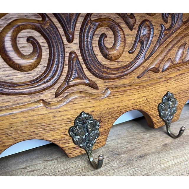 Gold Vintage French Carved Oak 5-Hook Wall Coat Rack For Sale - Image 8 of 10
