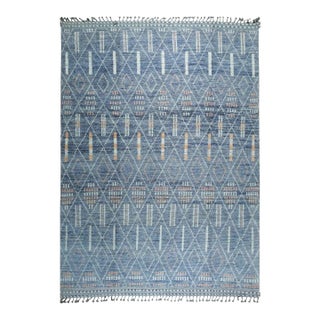 8x11 Blue Hand-Knotted Wool Linear Diamond Grid Geometric Modern Carpet Rug For Sale