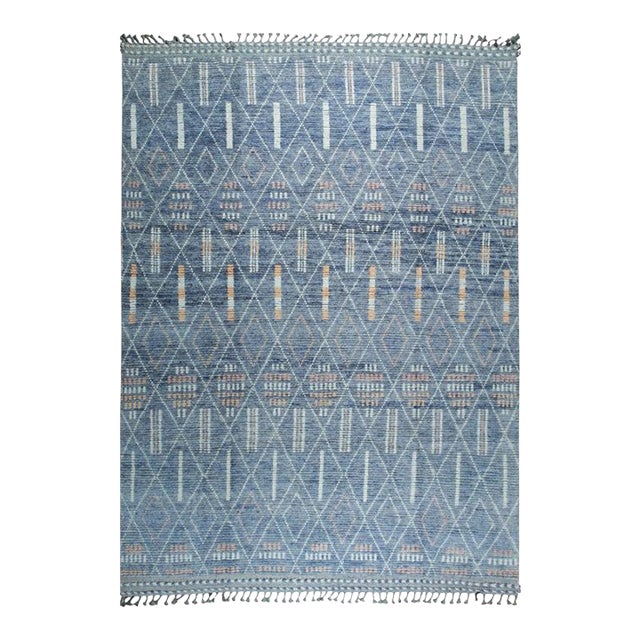 8x11 Blue Hand-Knotted Wool Linear Diamond Grid Geometric Modern Carpet Rug For Sale