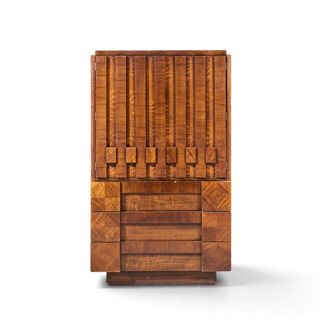 Lane Staccato Brutalist Mid Century Walnut Armoire Highboy Dresser This highboy measures: 38 wide x 19.5 deep x 64 inches...