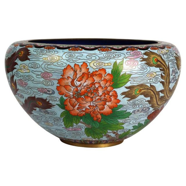 Oversized Vintage Chinese Cloisonne Enameled Bowl With Floral & Pheasant Pattern 20thC Measures - 8 7/8" x 15 1/4" x 15...