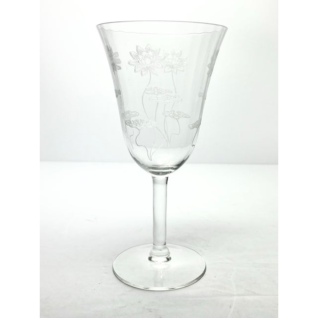 Chinoiserie 1910s Fostoria “Lotus” Etched Optic Water Glasses - Set of 8 For Sale - Image 3 of 4