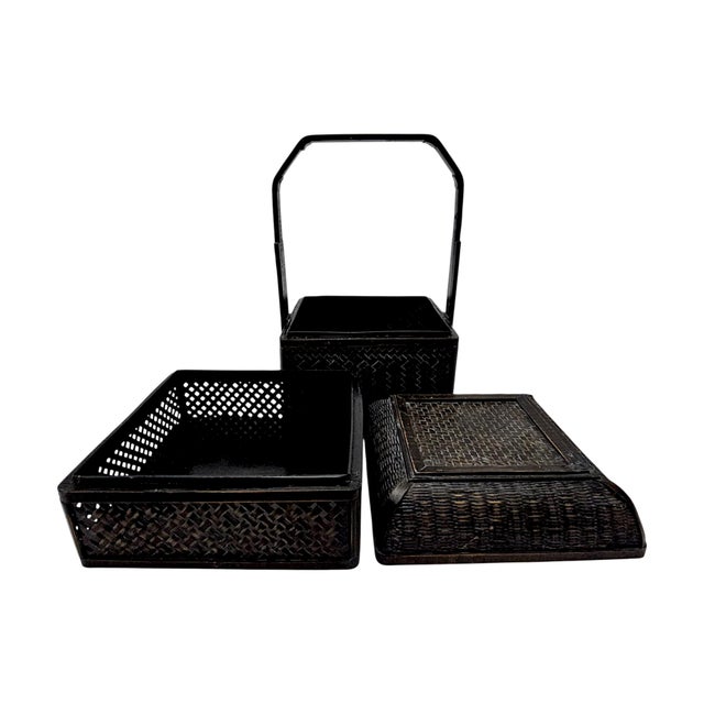 Brown Chinese Export Black Lacquer Wedding Basket With Bentwood Handle 13" For Sale - Image 8 of 14