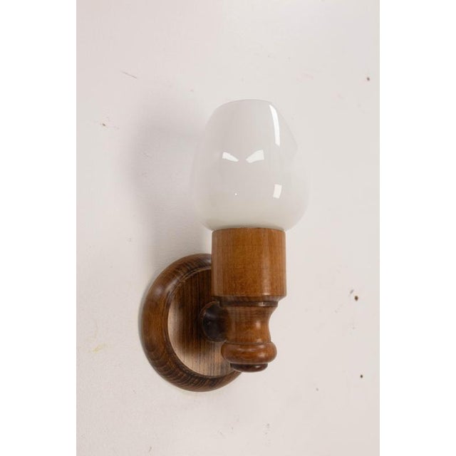 French Beech & Opaline Glass Wall Lights, 1970s, Set of 2 For Sale - Image 6 of 8