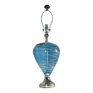 Art Glass Aqua Blue White Swirl Table Lamp For Sale