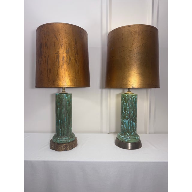 Mid-Century Modern Vintage Mid Century Hollywood Regency Drip Glaze Ceramic Aqua, Brass & Gold Leaf Shaded Table Lamps, a Pair For Sale - Image 3 of 18