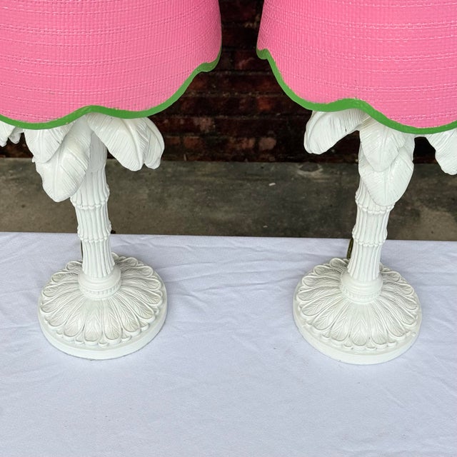 Wood 1970s Palm Beach Regency White Palm Tree Table Lamps With Custom Scalloped Shades - A Pair Newly Painted For Sale - Image 7 of 13