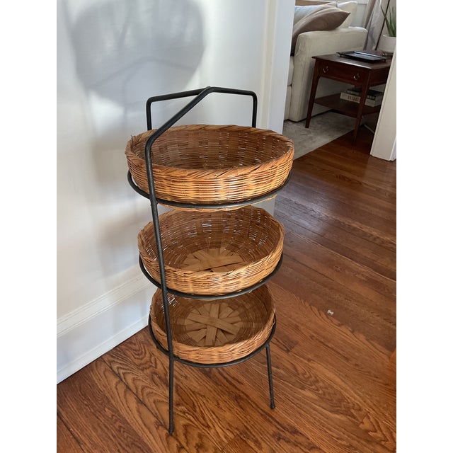 Vintage wrought iron 3 tier basket rack for organization for produce, kitchen accessories, bathroom storage, retail...