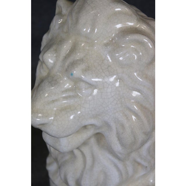 Traditional Pair Large White Glazed Ceramic Figures of Entryway Lions Paws Raised on Shield For Sale - Image 3 of 12