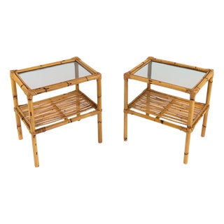 Mid-Century Side Tables in Rattan, Bamboo and Smoked Glass, Italy, 1970s, Set of 2 For Sale