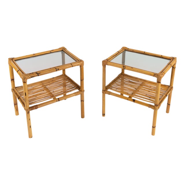 Mid-Century Side Tables in Rattan, Bamboo and Smoked Glass, Italy, 1970s, Set of 2 For Sale