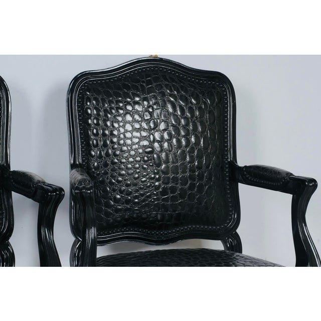 Black Faux Crocodile & Glossy Black Louis XV Style Armchairs — A Pair For Sale In Los Angeles - Image 6 of 10